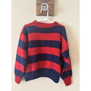Vintage Boys Handmade Hand Knit Striped Sweater Red Blue